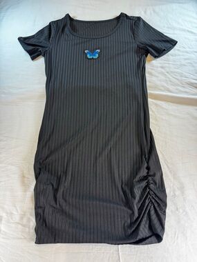 Y2K Black Ribbed Bodycon Butterfly Short Sleeve T-Shirt Dress